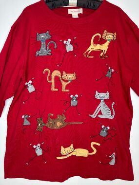 Bechamel Womens Red Shirt Top Cats Mouse Embroidered Large long Sleeves Whimsy